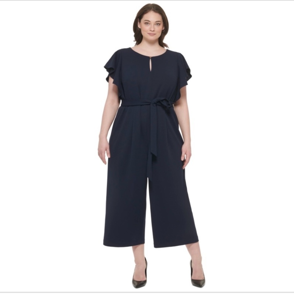 DKNY Dark Blue Belted Cropped Jumpsuit